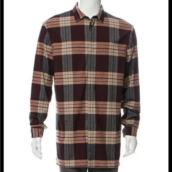 Helmut Lang Mens Burgundy Plaid Flannel Long Hem Button Down Shirt - Picture 1 of 7